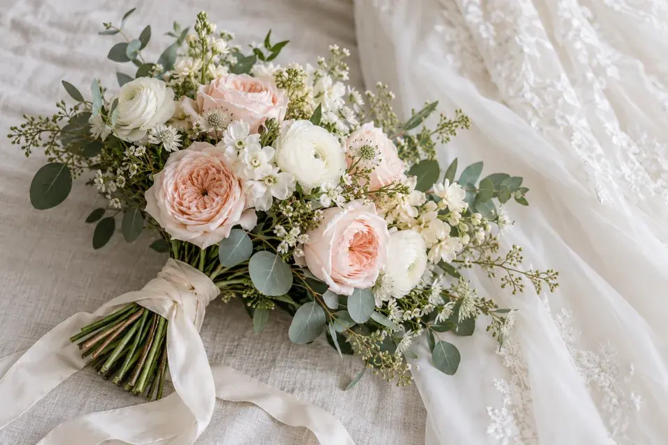 Blush, ivory and eucalyptus bouquet concept