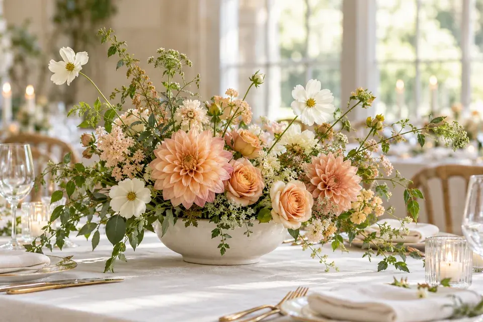 Peach and cream centerpiece in a low ceramic bowl