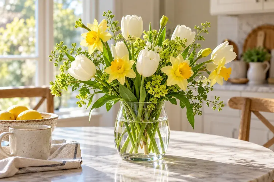 White tulips and yellow flowers on a breakfast table