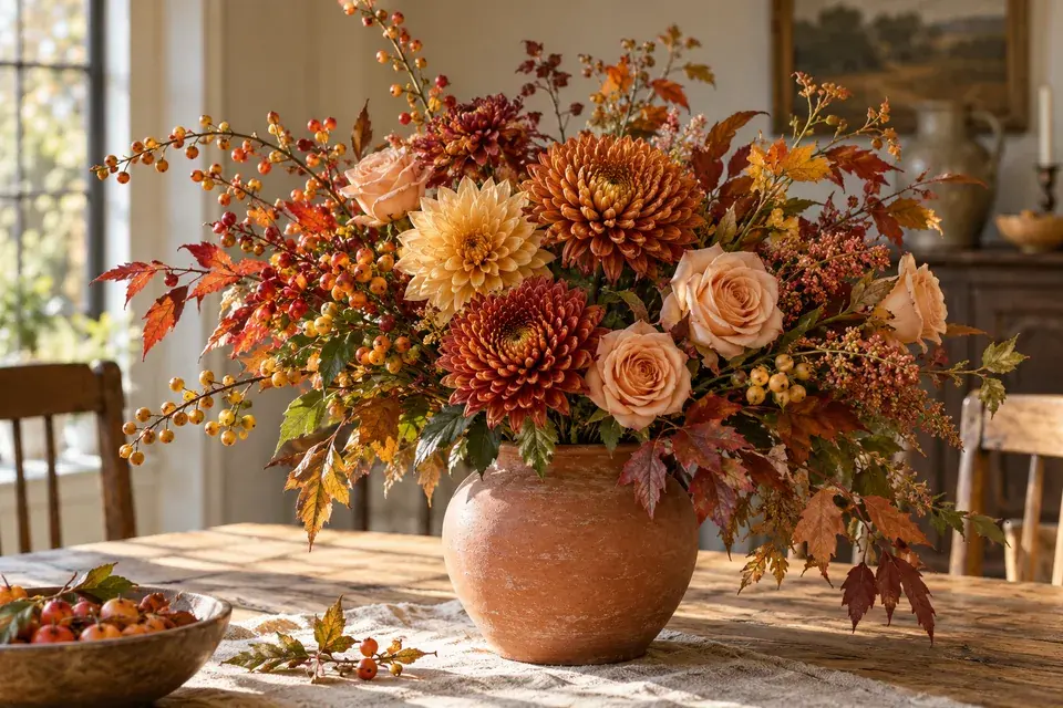Copper, gold and peach arrangement in terracotta