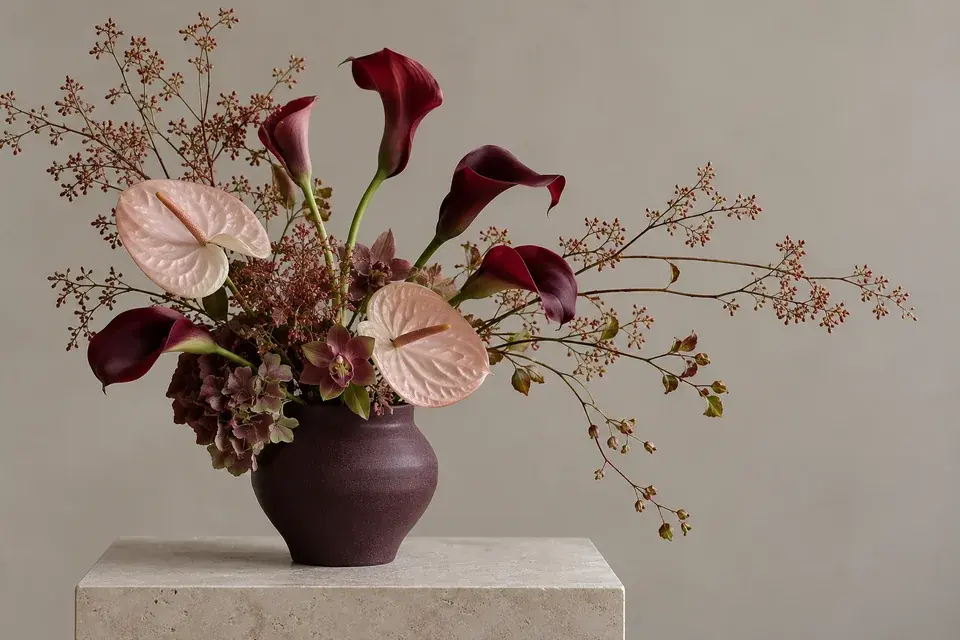 Burgundy calla lilies and blush anthuriums