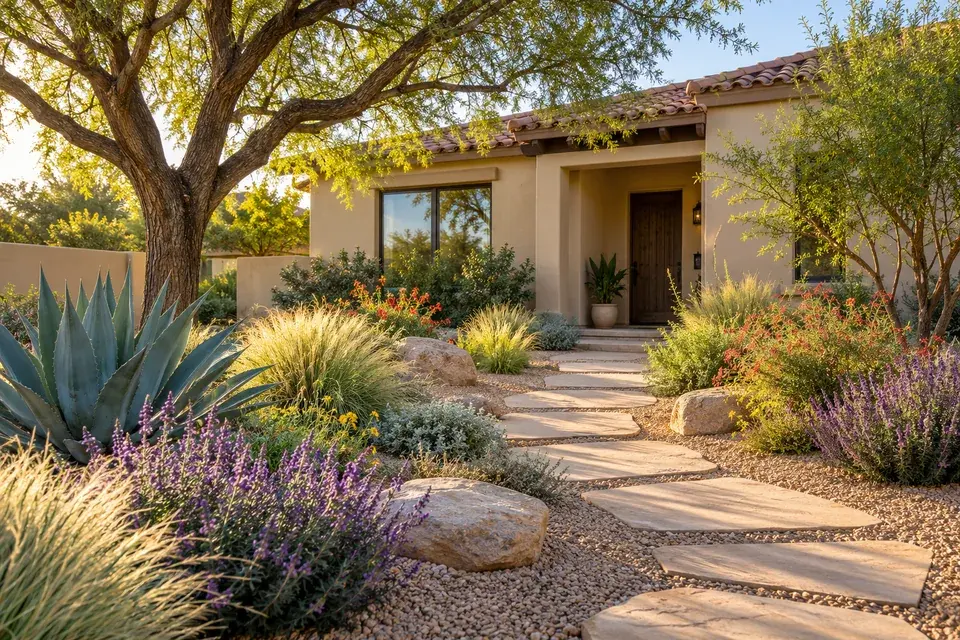 Gravel, sculptural plants and a shaded path