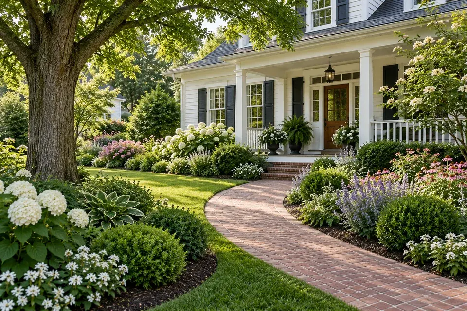 Cottage entrance with a curved brick walkway