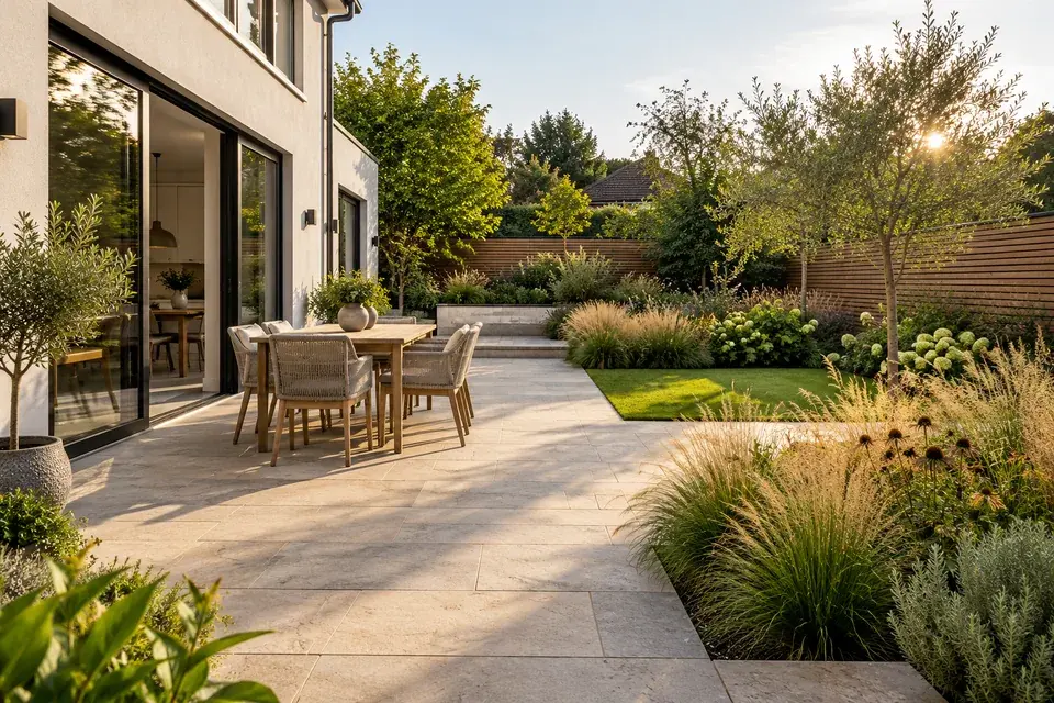 Modern patio and layered planting concept
