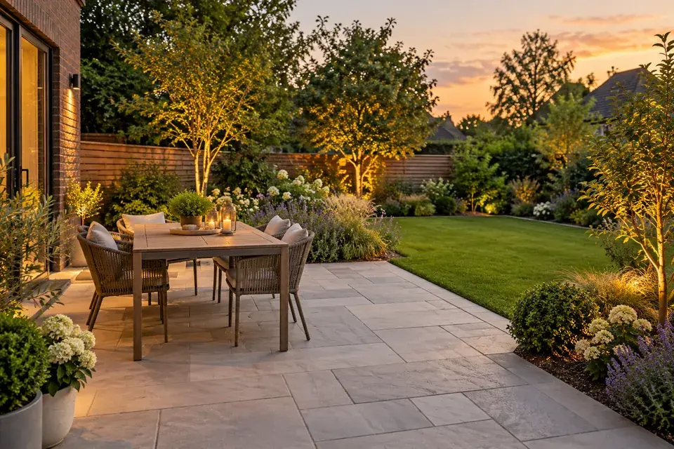 Dining patio with a gentle transition to lawn