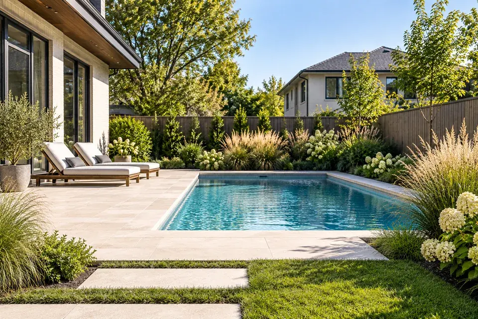 Poolside planting and pale stone terrace concept