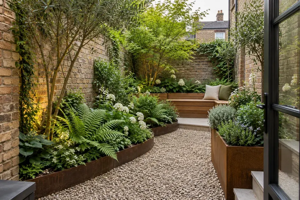 Compact courtyard with a bench and layered borders