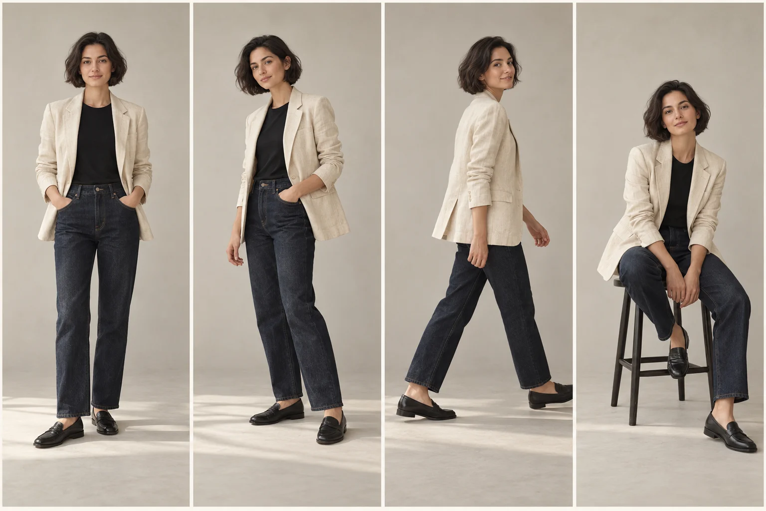 AI-created style illustration: the same cream blazer and dark jeans shown in front-facing, three-quarter, walking and seated poses