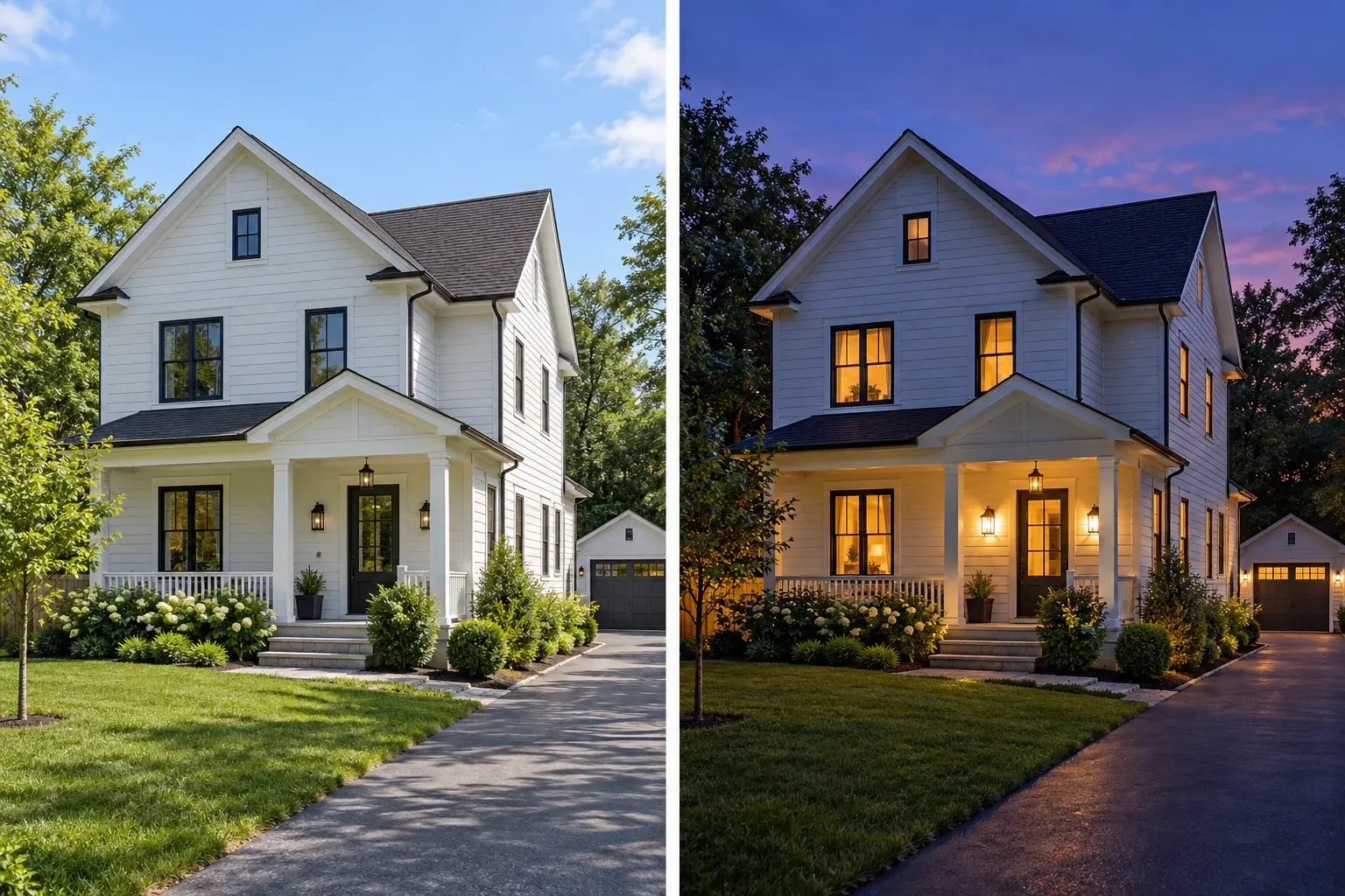 Illustrative property exterior under daytime and evening lighting