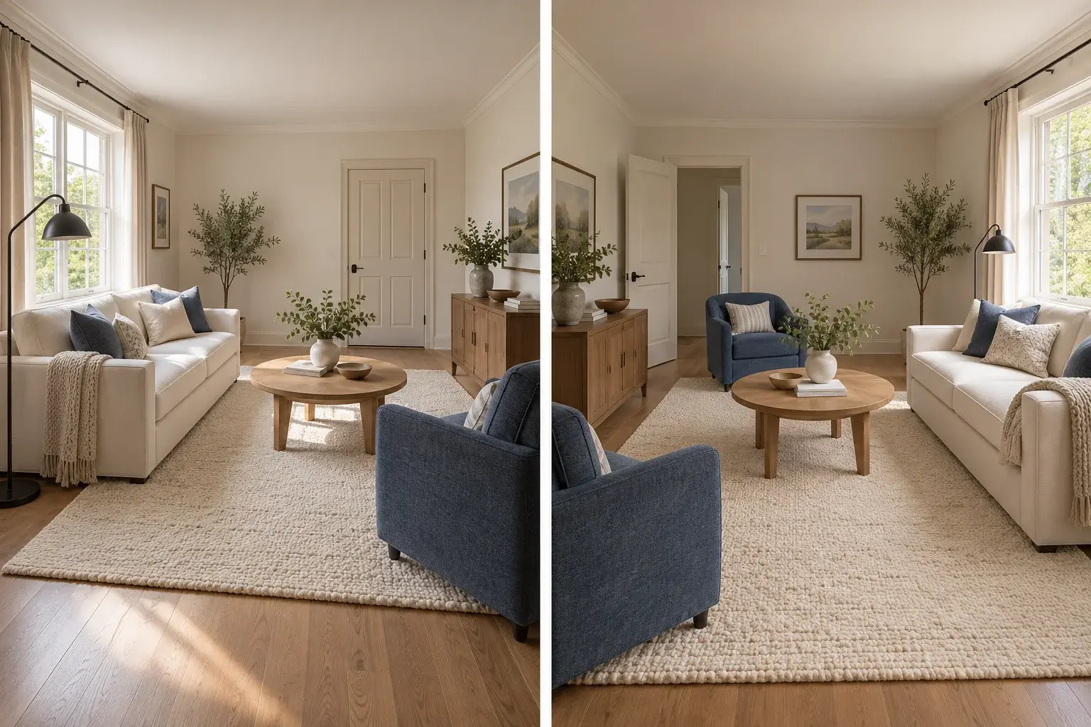 Concept illustration of one furnished living room viewed from two corners