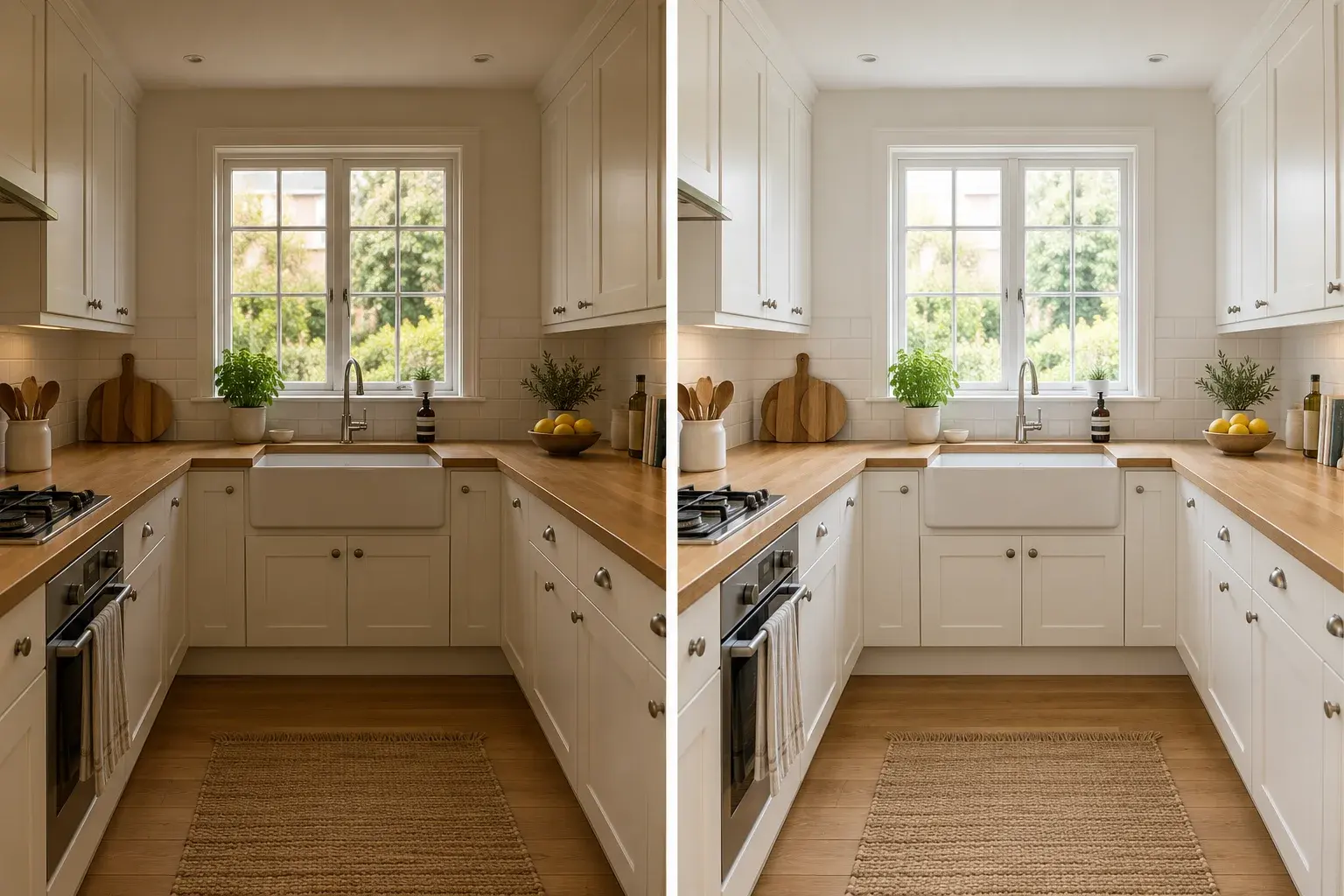 Illustrative kitchen photograph with a yellow cast beside a more neutral brighter version