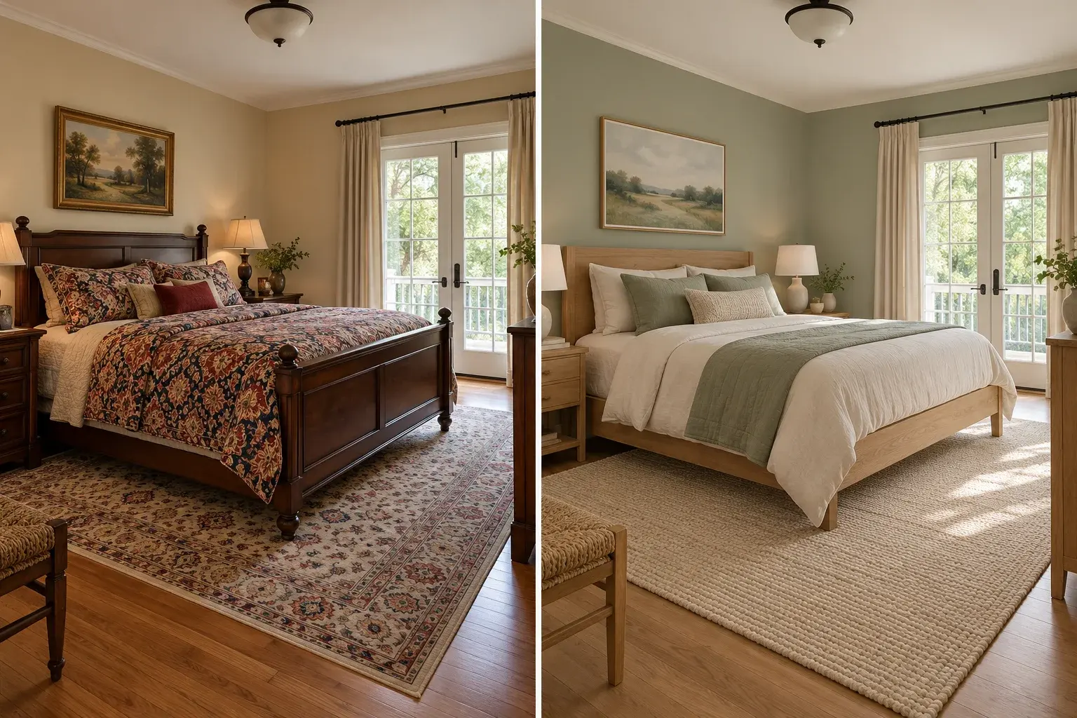 Illustrative traditional bedroom and a contemporary redesign with sage bedding