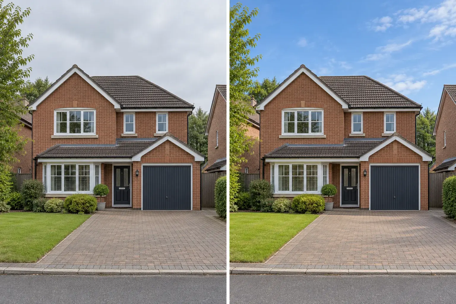 Illustrative gray-sky exterior compared with a daytime blue-sky treatment