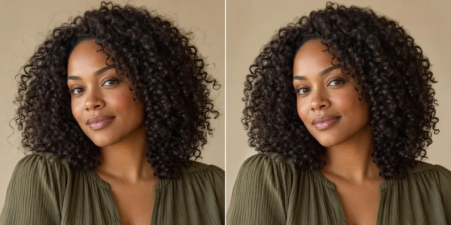 Generated portrait of a woman with natural curls, comparing outer flyaways with a curl-preserving cleanup concept.