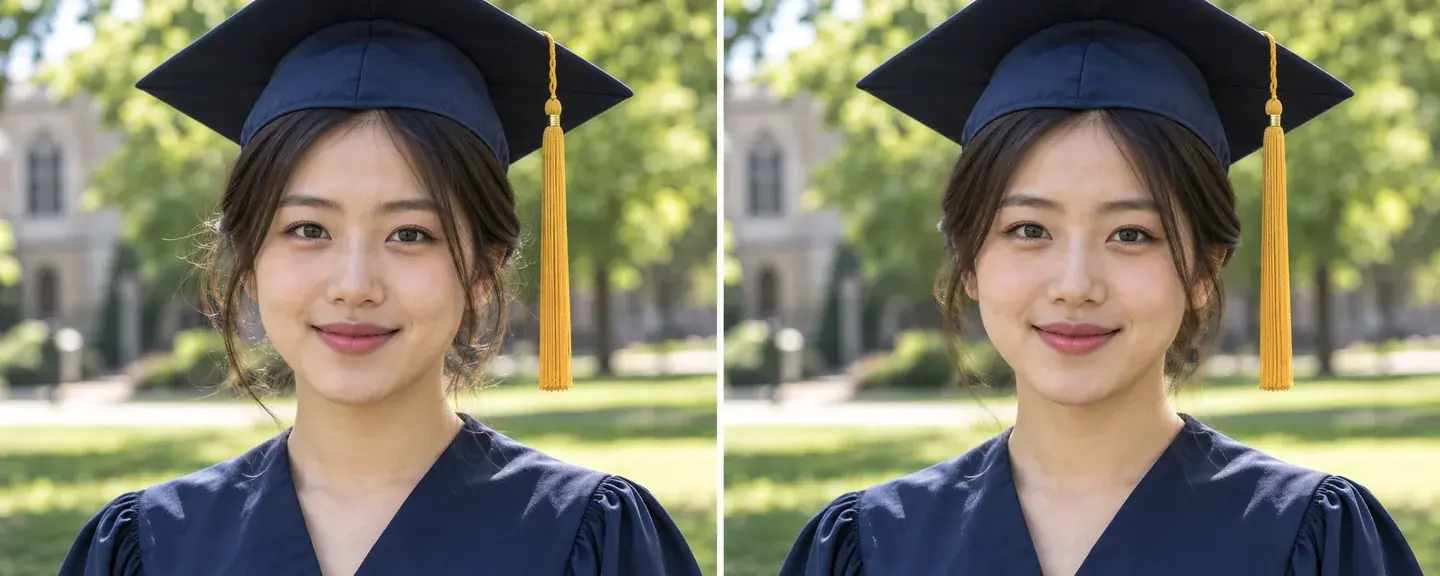 Generated graduation portrait illustrating stray-hair cleanup with the mortarboard and golden tassel retained.