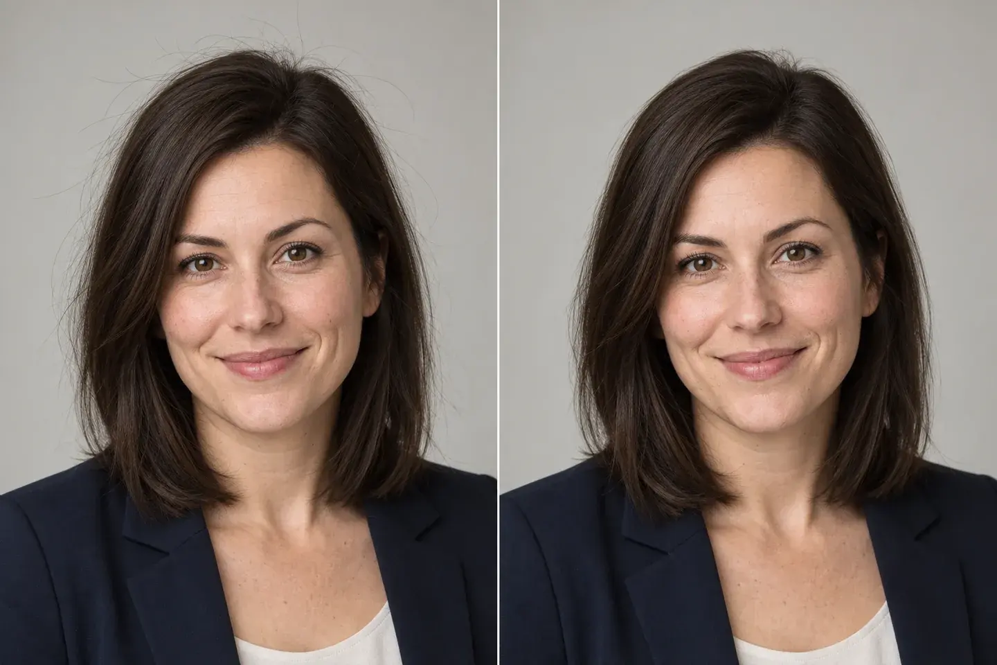 Generated headshot comparison showing isolated outer flyaways and a more restrained hair outline on the same woman.