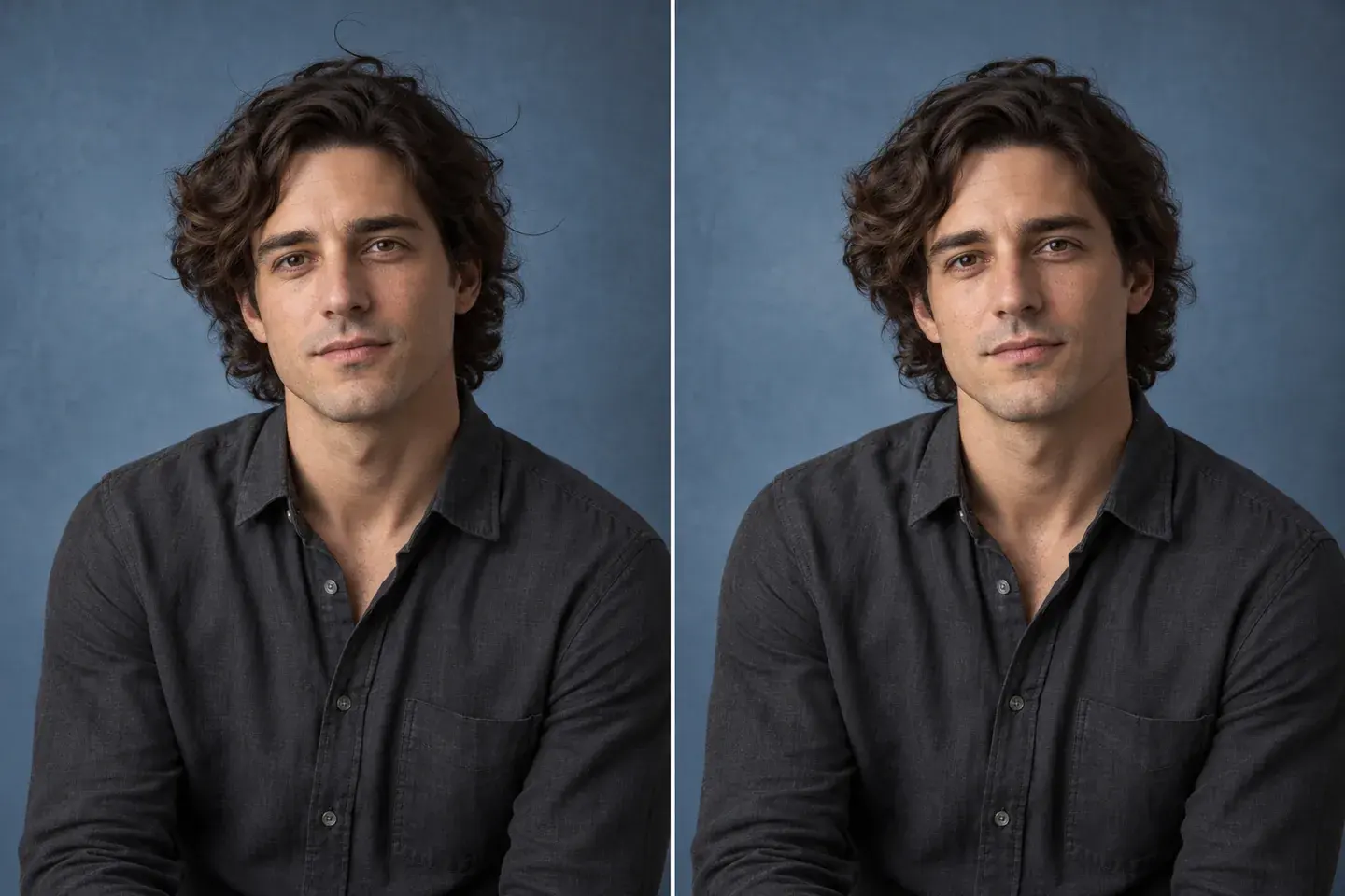 Generated male portrait comparison illustrating isolated flyaway cleanup without an intended change to waves or hair volume.