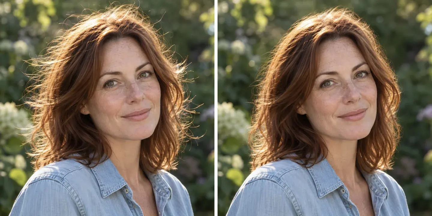 Generated outdoor portrait of an auburn-haired woman, showing backlit flyaways and a lighter cleanup example.