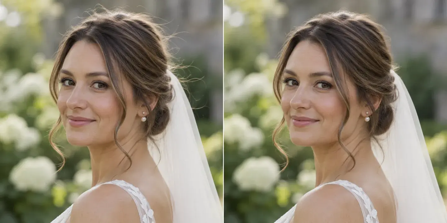 Generated bridal portrait comparison with isolated flyaways reduced while illustrating an intact veil and intentional face-framing curl.