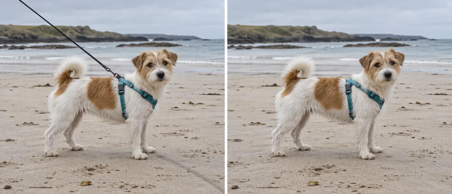 Terrier in a teal harness on a beach, shown with a lead and with the lead removed in a generated example.
