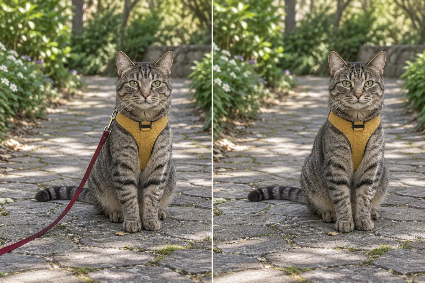 Tabby cat wearing a yellow harness on a garden path, illustrated with and without a red lead.