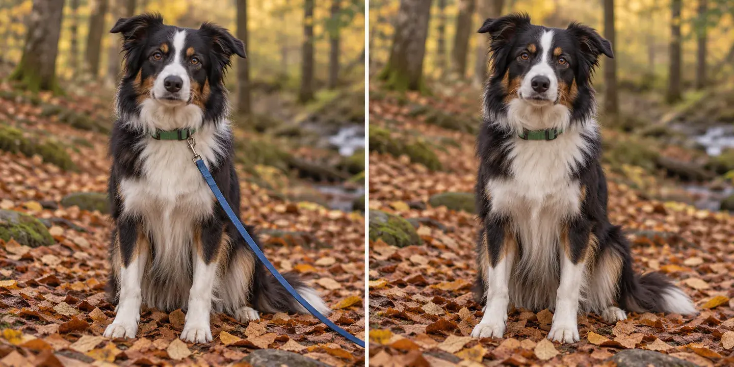 Border collie in autumn woodland, illustrating removal of a blue lead crossing part of its coat.