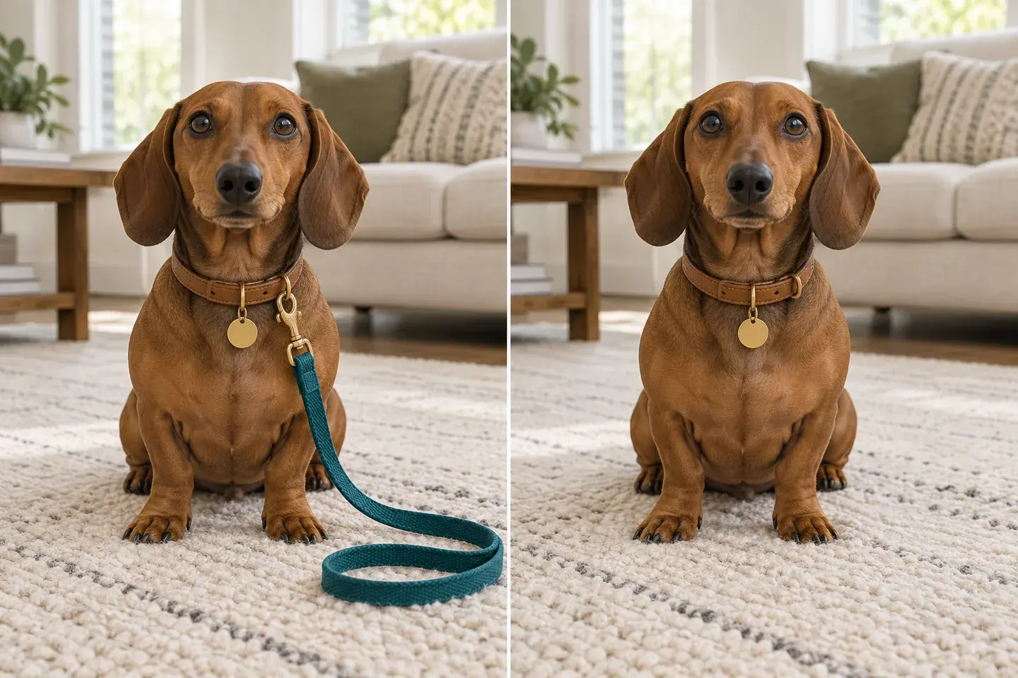 Dachshund on a cream rug, illustrating a loose teal lead removed while its leather collar remains.