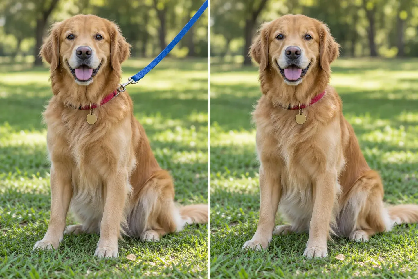Golden retriever on a lawn, illustrated with a blue leash on the left and without the leash on the right.