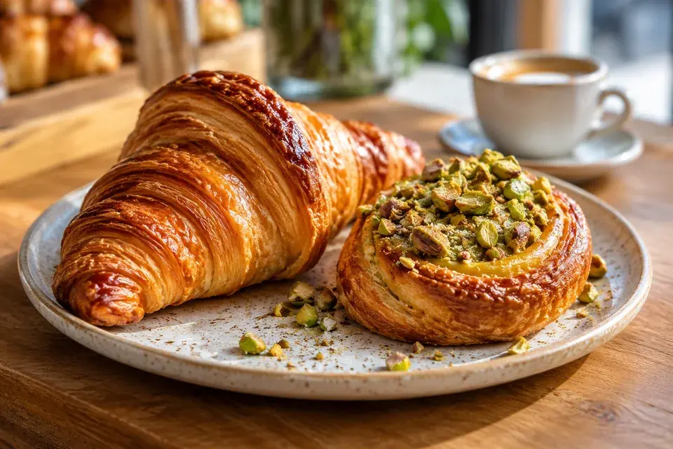 Flaky pastries with a softly blurred cafe background