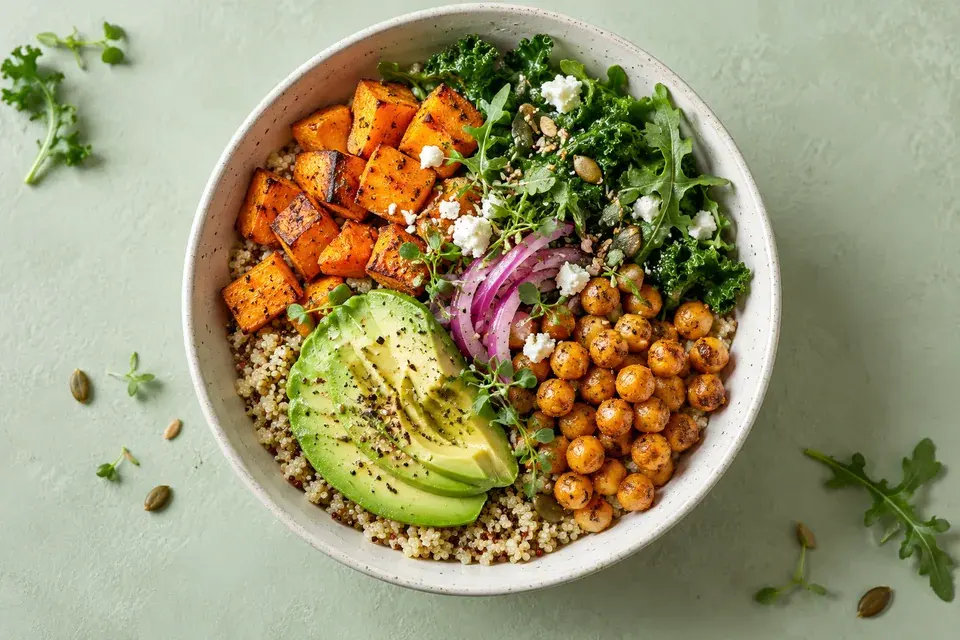 Fresh grain bowl on a pale sage surface
