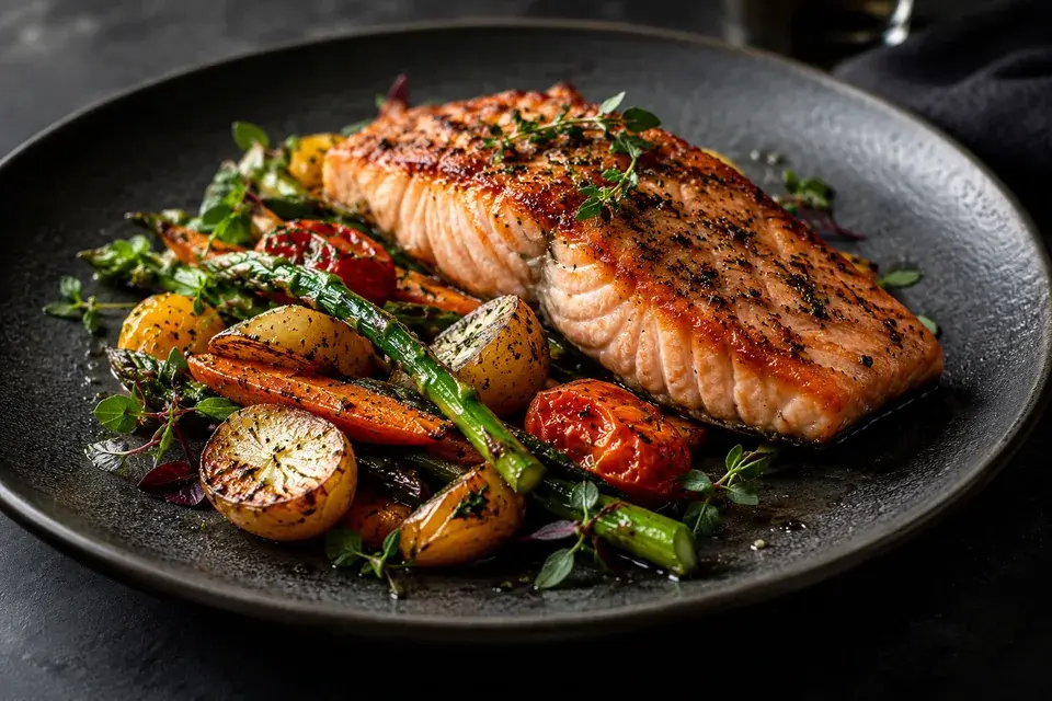 Grilled salmon against a dark restaurant tabletop