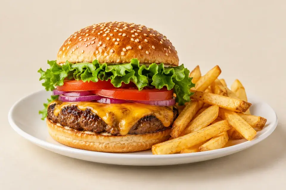 Centered burger and fries with generous framing