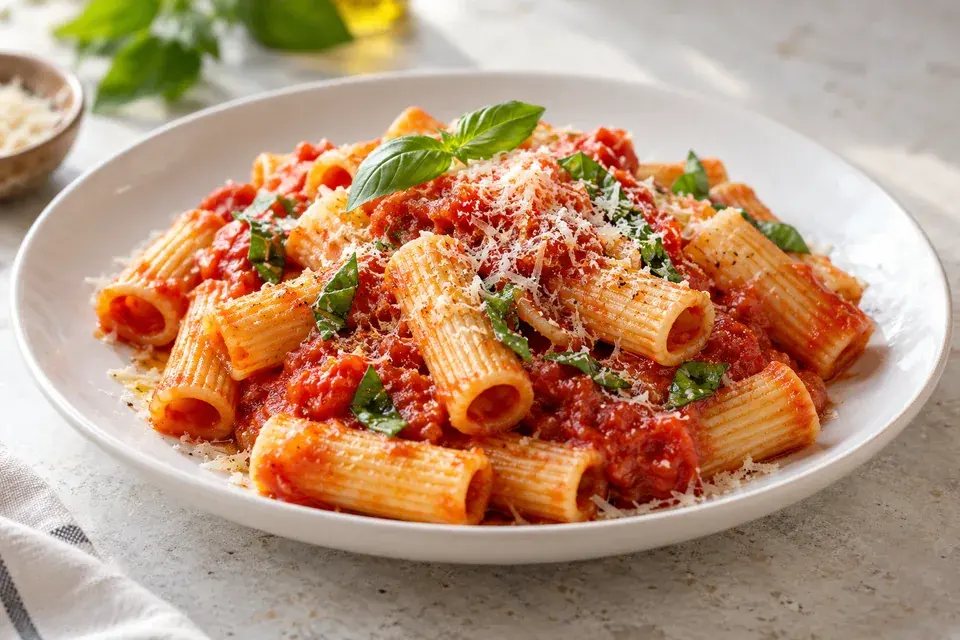 Bright pasta photograph with a clean stone background
