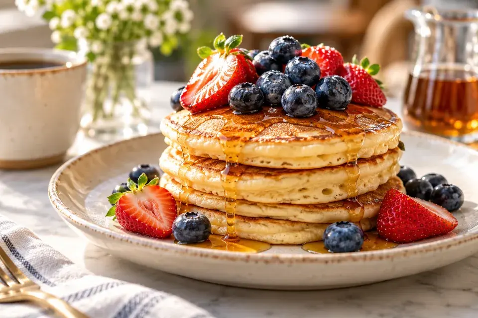 Pancakes, berries and a relaxed morning cafe setting