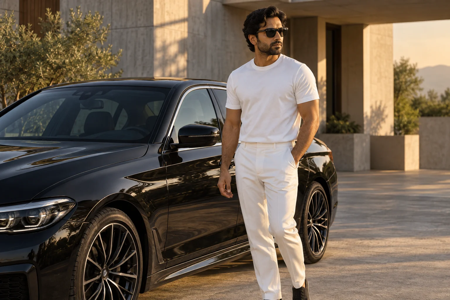 AI-generated style illustration of a man in a white outfit and dark sunglasses beside a black car in warm side light