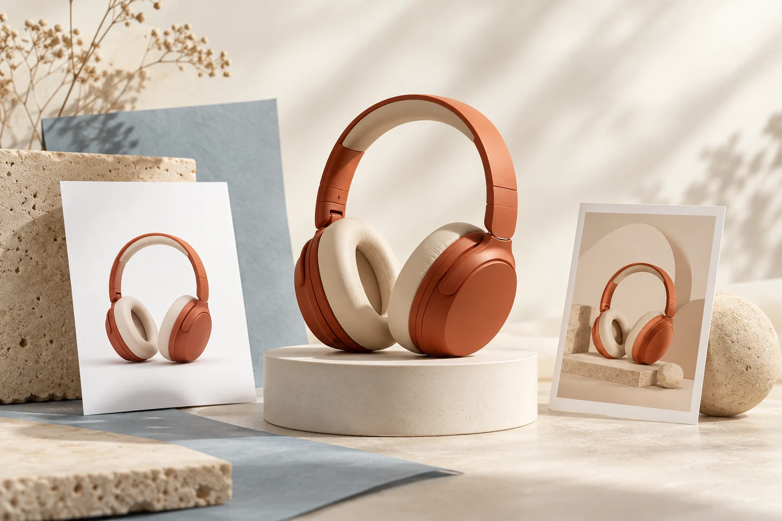 Conceptual product photography scene with orange headphones and two photographic presentation cards