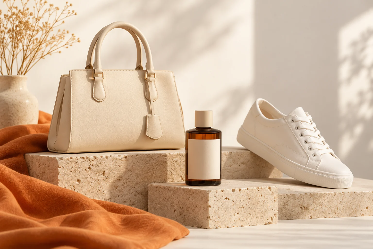 Illustrative studio arrangement of a handbag, cosmetic bottle and sneaker, showing different materials a product editor must preserve