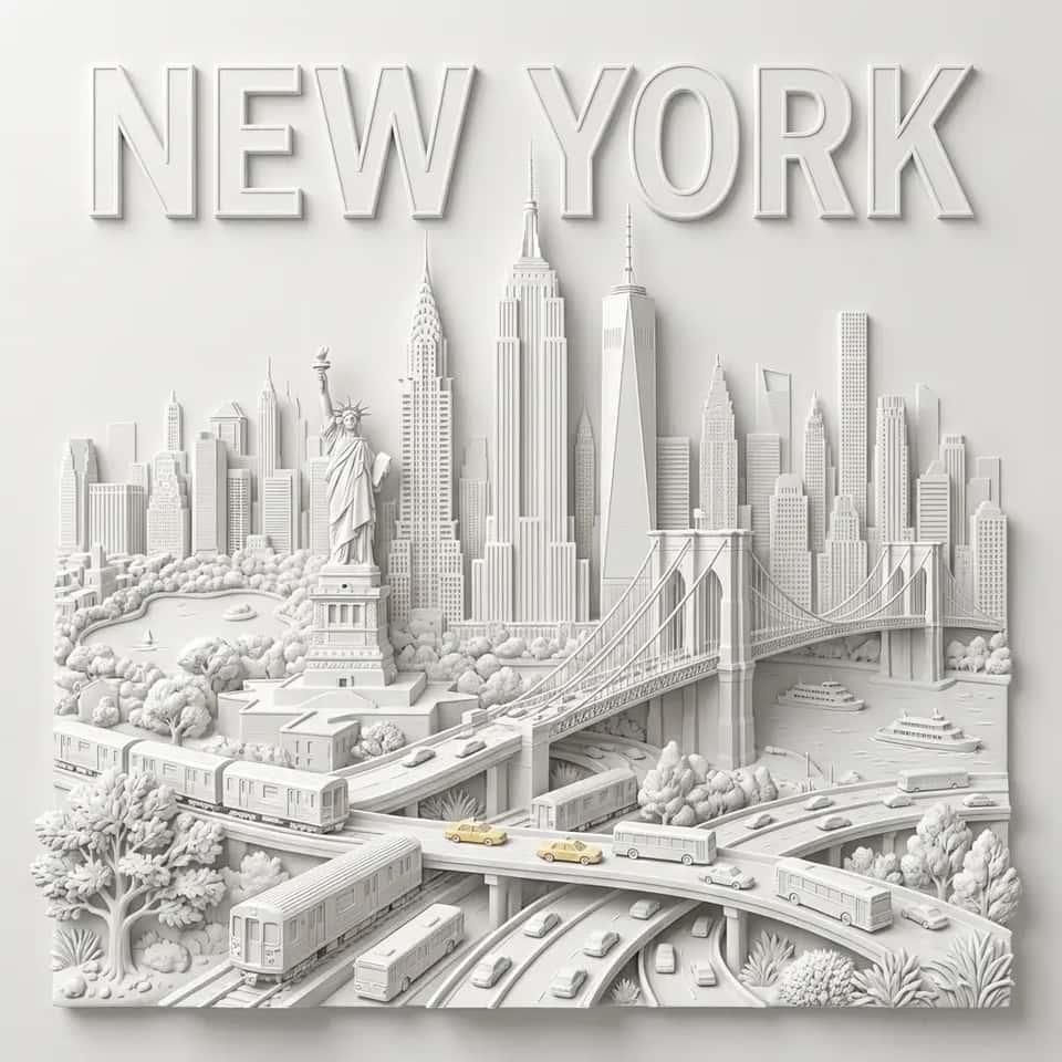 A highly detailed 3D bas-relief poster design representing [CITY_NAME]. A dense collage composition featuring the most iconic landmarks and skyline of [CITY_NAME]. Foreground filled with local transportation systems, busy highway networks with miniature cars, and native vegetation. At the top, features prominent, large, embossed English text in capital letters spelling out the name of the location. Pure white monochromatic clay render, embossed paper texture, soft studio lighting, high visual density, clean commercial illustration style. --ar 1:2