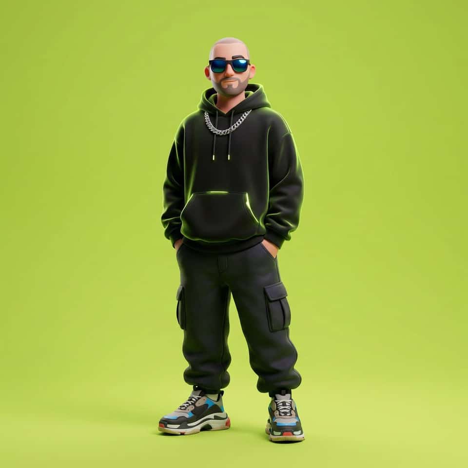 Full-body 3D stylized anthropomorphic cartoon version of my uploaded character, dressed in modern streetwear oversized [color] hoodie, cargo pants, chunky sneakers, reflective sunglasses, and a silver chain necklace. Confident, relaxed pose with hands in pockets. Minimal studio background in solid lime green. Soft studio lighting with smooth shadows, detailed fabric textures, Pixar-quality 3D render, ultra-clean composition, centered framing, fashion-forward editorial character design, 8K resolution.
