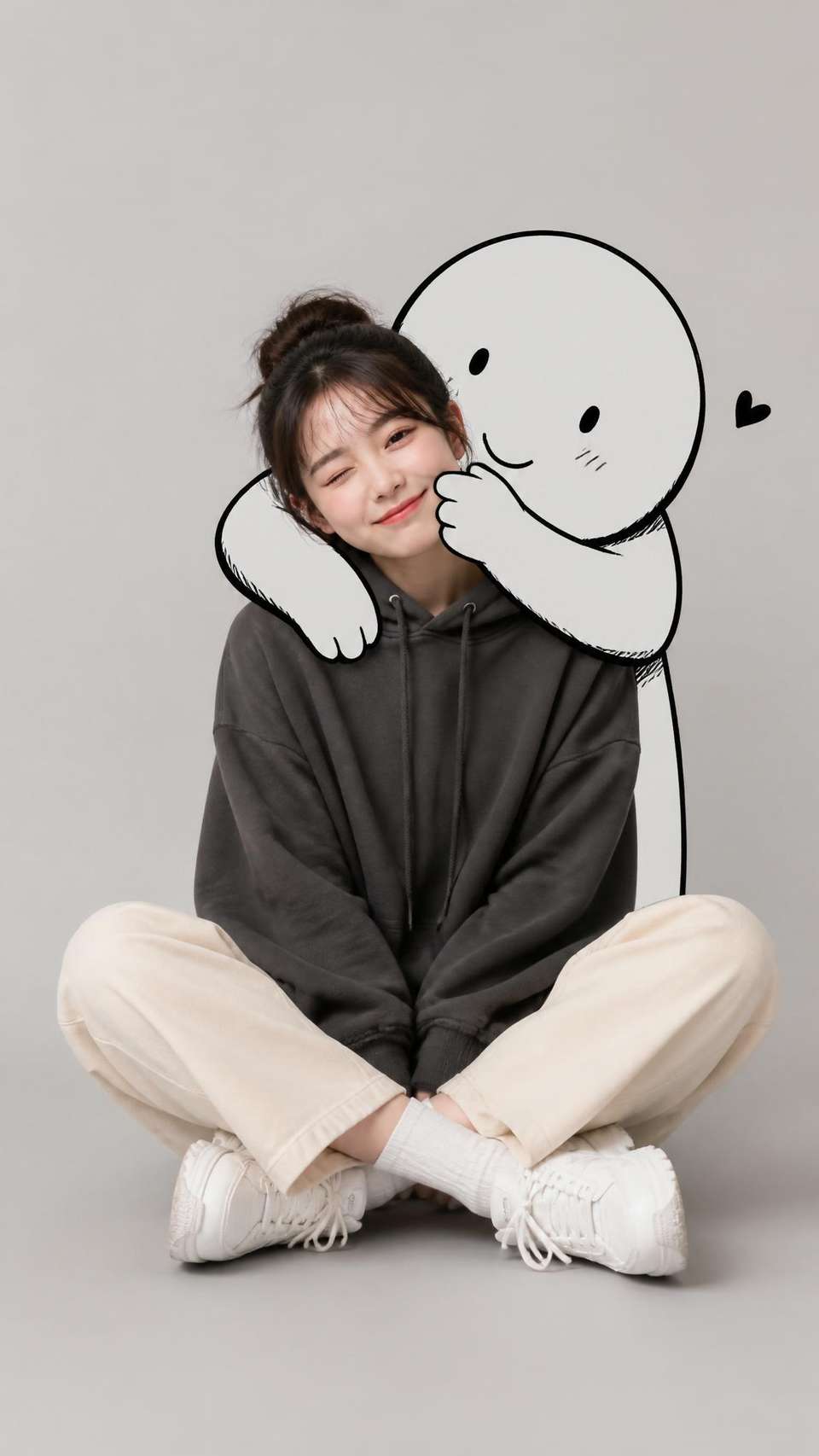 A cute minimalist portrait of a young woman sitting casually on the floor in a clean studio setting with a light grey background. She wears an oversized dark charcoal hoodie, cream straight-leg pants, white socks, and chunky white sneakers. She sits in a relaxed pose with her legs crossed, one eye slightly closed in a playful wink and a soft, warm smile. Behind her, a large black-and-white doodle character hugs her from behind, wrapping its cartoon arms around her shoulders and gently squeezing her cheek in an affectionate, playful way. The composition is clean and minimal, with soft studio lighting, subtle shadows, a cozy aesthetic, high-end editorial quality, and a charming blend of real-life portrait photography with whimsical illustrated elements. The overall mood is cute, comforting, stylish, and heartwarming.