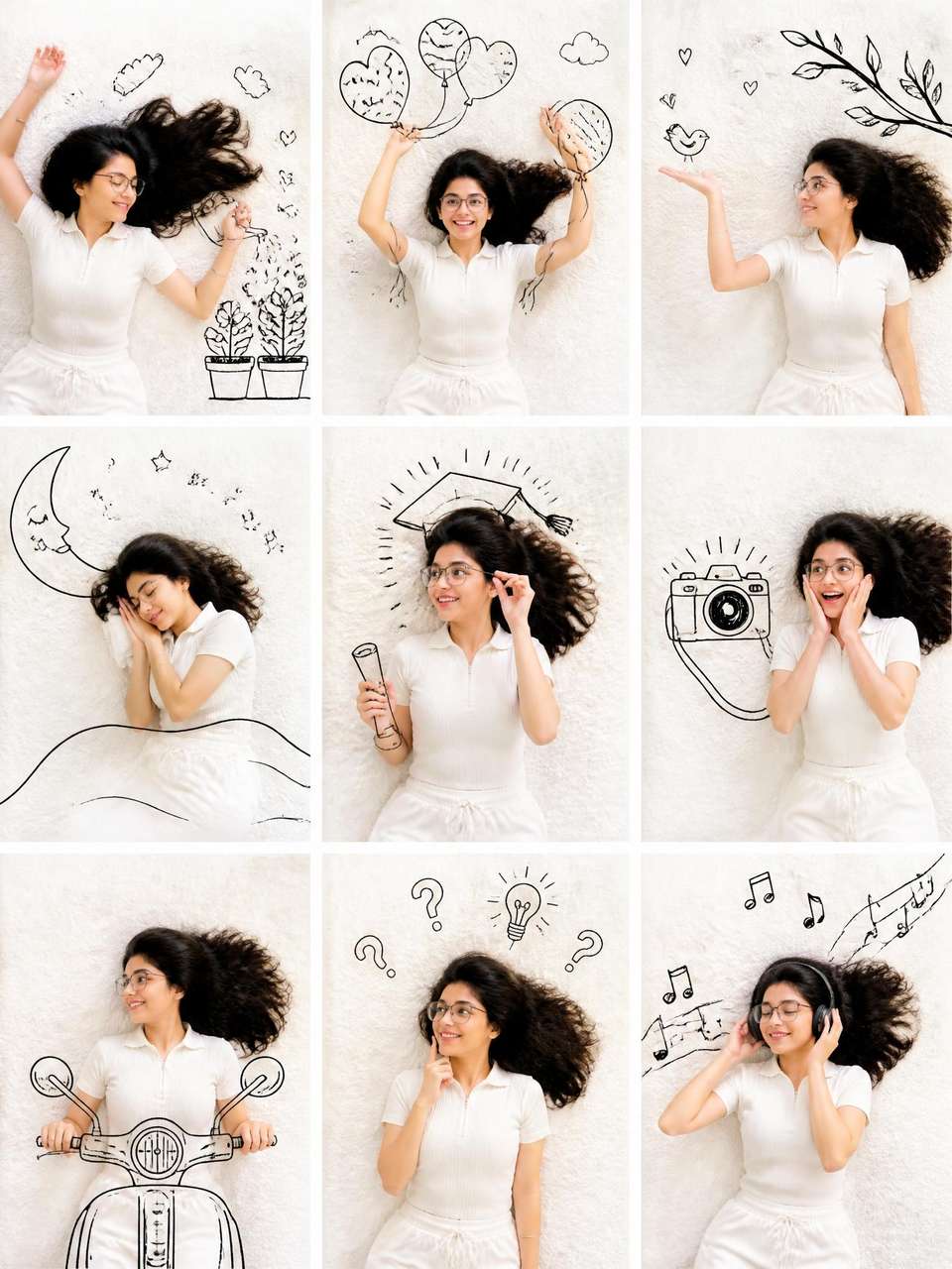 A professional 3x3 collage featuring the same beautiful young woman photographed from the reference image with normal hair and eyeglasses from a top-down perspective on a soft white textured blanket. The woman appears in nine different creative scenes. Each panel contains hand-drawn black doodle illustrations interacting with her pose. Bright natural lighting, clean white background, high-end lifestyle photography, ultra-sharp details, magazine-quality composition, playful storytelling, realistic human proportions, consistent facial features across all nine panels.
Overall style: minimalist white aesthetic, hand-drawn black doodle illustrations, whimsical storytelling, clean flat-lay composition, Instagram viral trend, professional studio photography, ultra-realistic young woman, high detail, 8K quality, consistent appearance across all panels, bright soft lighting, modern lifestyle editorial.