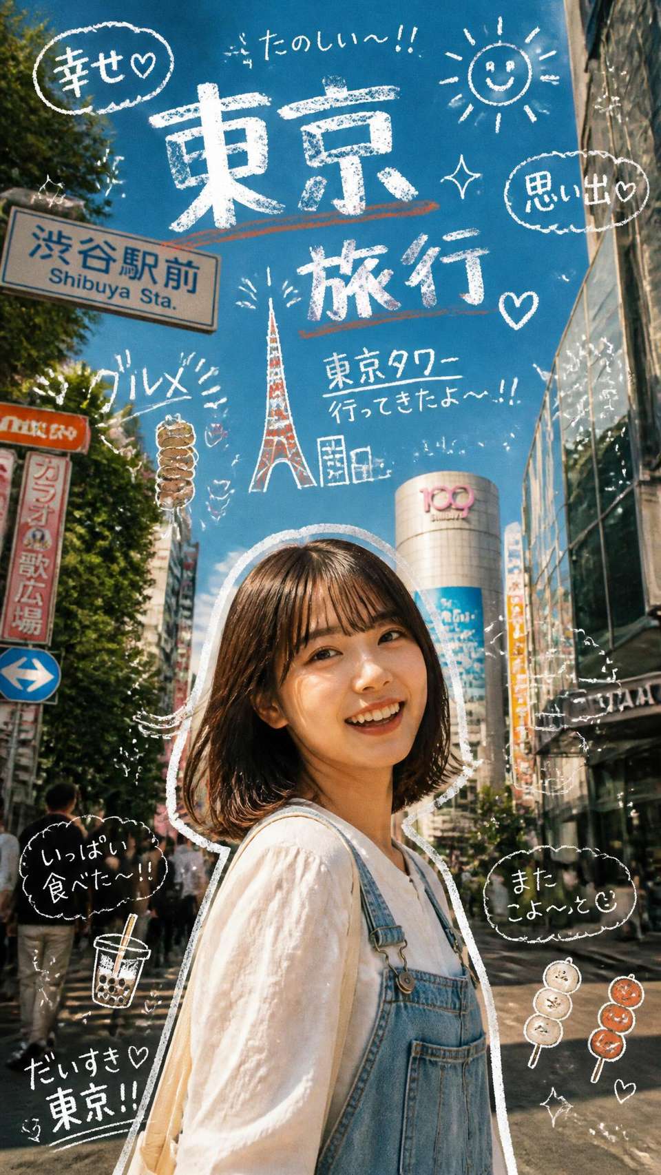 A vibrant travel dynamic poster layout. In the lower-center foreground, a cheerful young Japanese woman in the reference. She wears a white blouse under light-blue denim overalls. A thick, stylized hand-drawn white outline surrounds her silhouette like a sticker.
The background is a sunny street in Tokyo's Shibuya district, Japan, featuring modern buildings, Japanese storefronts, street signs in Japanese, green trees, and a bright blue sky.
The entire upper half and empty spaces of the image are filled with chaotic and cute white chalk doodles, including playful handwritten Japanese words such as "東京", "旅行", "幸せ", "グルメ", "カフェ", "思い出", along with small sun icons, musical notes, a tiny Tokyo Tower doodle, skewered street food, hearts, stars, and sparkles. The doodles have a rough crayon and chalk brush texture with grainy edges.
Warm Japanese film photography style, rich colors, heavy vintage film grain, bright afternoon sunlight casting soft shadows. Joyful, nostalgic, energetic, and cozy travel journal aesthetic. --ar 4:5