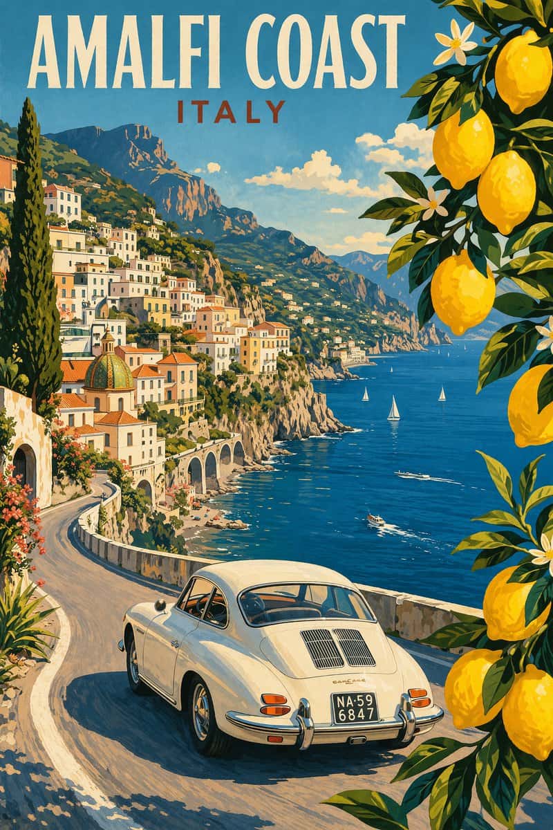 Modern pencil illustration of Vintage travel poster illustration of the Amalfi Coast, Italy, panoramic coastal cliff road scene, classic 1960s white car driving along a curved seaside road, deep blue Mediterranean sea with small sailboats, colorful pastel hillside village, bright blue sky with soft clouds, lemon tree branches with vibrant yellow lemons framing the foreground, warm summer sunlight, bold vibrant colors, retro 1950s travel poster style, cinematic composition, high detail, screen print texture, graphic illustration. Hand-drawn style, illustration with loose strokes and defined contours. High-contrast color palette, maintaining chromatic harmony between background and elements. Contemporary and decorative aesthetic.