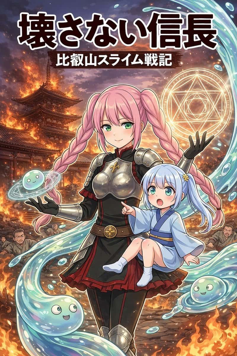 比叡山炎上の戦場背景、和風寺院が燃えている、ピンク三つ編みの少女（信長）が中央に立つ、黒と赤の鎧衣装＋金属胸当て、片手に発光する魔法陣、もう片方でスライム操作、水色髪の幼い少女（帰蝶）を膝に乗せている、透明でぷるぷるしたスライムが周囲を流れる、スライムは人を包み込むが圧迫感は弱め、炎の暖色と魔法の寒色が混ざる、ダイナミック構図、漫画表紙風、高品質