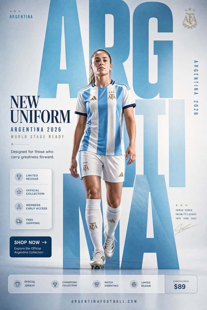 ARGENTINA NATIONAL TEAM "NEW UNIFORM" FORMAT Ultra-Premium Football Fashion SMM Promotional Poster Vertical 4:5 Instagram Hero Creative Global Sportswear Advertising Commercial Football Graphic Design Agency-Level Art Direction Behance Front Page Quality 8K UHD Hyper-Realistic Football × Fashion × Graphic Design Fusion Zero AI Slop Zero Generic Sports Posters Zero Match-Day Graphics Zero Editorial-Only Aesthetic CORE STRATEGY This is not a football poster. This is a national identity statement disguised as a uniform campaign. The design should feel like Argentina's biggest football billboard, a luxury sportswear campaign, and a World Cup legacy poster merged into one visual. The graphic design is equally important as the athlete. Typography is not decoration. Typography is architecture. CAMPAIGN IDEA "NEW UNIFORM" Not just a jersey. A symbol of legacy. A symbol of champions. A symbol worn by those who carry history forward. The uniform isn't being sold. The identity is. MASTER VISUAL Massive oversized ARGENTINA typography dominates the entire composition. The word: ARGENTINA occupies nearly 75% of the canvas. Typography is integrated into the design. Letters extend beyond frame edges. Some letters cropped. Some hidden behind the player. Some functioning as compositional structures. The typography should feel monumental. The official federation crest appears subtly integrated into the layout. HERO SUBJECT Elite female footballer. Natural beauty. Confident expression. Minimal makeup. Champion mentality. No smiling. No dramatic celebration. Relaxed confidence. Wardrobe: Argentina 2026 home jersey. Sky-blue and white stripes. Matching shorts. Premium football socks. Modern football styling. Clean elite-athlete aesthetic. POSE Player stepping through the giant typography. One foot slightly forward. Direct eye contact. Hands relaxed. Body partially intersecting typography. The feeling: She carries the weight of champions effortlessly. COMPOSITION Typography occupies 70%. Player occupies 20%. Promotional elements occupy 10%. Visual hierarchy: ARGENTINA ↓ Player ↓ Promotion ↓ CTA Everything feels intentional. COLOR SYSTEM Primary: Argentina Sky Blue White Silver Ice Blue Soft Grey Accent: Gold Championship Details Federation Crest Gold No neon colors. No trend-chasing palettes. Timeless sporting elegance. BACKGROUND Clean premium sports backdrop. Large soft gradient. Minimal studio environment. Subtle premium texture. No stadium. No crowd. No scenery. The design itself creates the environment. GRAPHIC DESIGN SYSTEM Floating collection cards. Championship-inspired labels. Minimal grid system. Thin lines. Micro typography. Premium global football campaign hierarchy. International flagship-store energy. PROMOTIONAL ELEMENTS NEW UNIFORM ARGENTINA 2026 WORLD STAGE READY LIMITED RELEASE OFFICIAL COLLECTION MEMBERS EARLY ACCESS FREE SHIPPING Integrated naturally into layout. Not banner spam. TYPOGRAPHY HIERARCHY Top Left ARGENTINA small premium wordmark Center Massive Typography A R G E N T I N A occupying most of composition bold heritage typography extremely large scale partially cropped Campaign Title NEW UNIFORM bold elegant typography Supporting Copy Designed for those who carry greatness forward. PROMOTIONAL CTA BLOCK SHOP NOW → Explore the Official Argentina Collection BOTTOM FEATURE STRIP OFFICIAL JERSEYS CHAMPIONS COLLECTION MATCH ESSENTIALS LIMITED RELEASE Bottom Right Starting From $89 Bottom Center https://t.co/6soOpYRZbw Vertical Edge Text ARGENTINA 2026 LIGHTING Luxury sports studio lighting. Large soft source. Editorial contrast. Natural skin rendering. Premium fabric highlights. Subtle shadows. Elite football campaign quality. CAMERA ARRI Alexa Mini LF 85mm Lens Crisp whites.