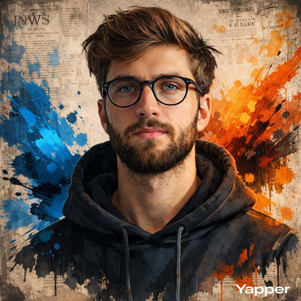 Create a high-end stylized artistic portrait of the same man in a modern digital painting / illustrated poster style. The face must remain 100% identical to the reference photo. Preserve the exact facial structure, proportions, skin tone, facial features, age, hairstyle, and identity. Do not modify, beautify, reshape, or enhance the face in any way. Absolute identity accuracy is required. The man is shown in a half-body or close-up portrait framing, looking slightly upward with a calm, confident expression. Maintain realistic anatomy and natural proportions while rendering in a highly detailed illustration style. The face must be ultra-detailed and sharply focused, with realistic skin texture translated into a refined digital painting finish. The style should remain realistic and artistic, not cartoonish, not exaggerated, and not distorted. Surround the portrait with dynamic colorful paint splashes and expressive ink strokes that blend organically into the composition. Use bold yet controlled blue and orange tones to create contrast, energy, and visual balance. Background: layered vintage newspaper collage texture with subtle typography fragments, distressed paper elements, and abstract paint splashes integrated naturally into the layout. The collage should feel artistic and modern but clean, not cluttered. Lighting: cinematic high-contrast lighting with dramatic highlights and controlled shadows to enhance depth while maintaining natural facial realism. Color grading: vibrant yet balanced with strong blue and orange contrast, creating a modern illustrated poster aesthetic. Output: ultra-detailed 4K resolution, clean edges, sharp rendering, professional poster art quality, modern digital illustration with realistic depth and a premium finish.