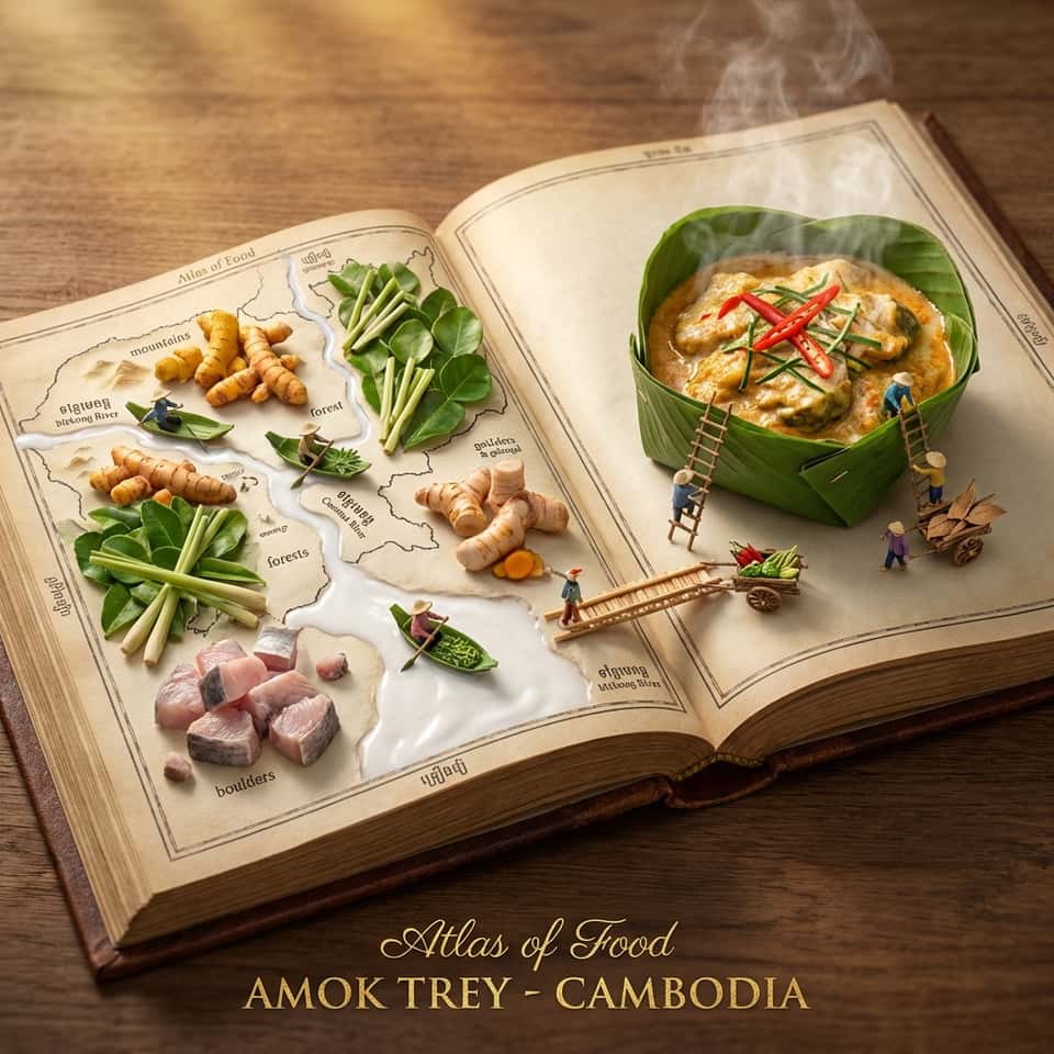do this for a lesser known Asian country:   Input Variable:   [INSERT DISH NAME] (e.g., Sushi Platter, Neapolitan Pizza, Tacos Al Pastor, French Onion Soup)

  System Instruction:  
Generate a hyper-realistic, macro 3D diorama inside an open, antique "Atlas of Food." The scene must deconstruct the dish into its   Geographical   and   Ingredient   origins.

  1. Analysis:  
      Analyze the Dish:   Determine the   Region of Origin   and the   Primary Landscape   associated with its ingredients.
         If Sushi:  Landscape is Ocean/Coastal. Material is Water/Wood.
         If Pizza:  Landscape is Rustic Italian Stone/Brick Oven. Material is Flour/Fire.
         If Tacos:  Landscape is Street/Desert. Material is Corn/Clay.
         If Steak:  Landscape is Pasture/Grill. Material is Grass/Charcoal.

  2.   Container 
      The Object:   A massive, leather-bound   Encyclopedia   lying open flat on a wooden table.
      The Paper:   The pages are thick, textured vellum, aged and stained with spices or wine.
      The Transformation:   The pages do not stay flat. They physically   extrude upwards   to form the topography of the scene.

  3. The Composition (Left Page vs. Right Page):  

      Left Page (The Source - The Map):  
          The Concept:   A 3D Topographical Map of the region of origin.
          The Twist:   The "Mountains" and "Terrain" are made of the   Raw Ingredients  .
             (e.g., For Pizza: Mountains of white Flour, rivers of Olive Oil, boulders of Mozzarella). 
             (e.g., For Sushi: Waves made of Rice grains, forests of Seaweed). 
          The Typography:   Vintage hand-drawn cartography lines and labels identifying the ingredients in the local language.

      Right Page (The Result - The Dish):  
          The Concept:   The finished, plated dish rising majestically from the center of the page.
          The Interaction:   It is NOT on a plate. The "Plate" is the paper itself, molded into a bowl or platter shape.
          The Steam:   Real volumetric steam or heat haze rising from the dish.

  4. The Micro-Narrative (The Harvesters):  
      The Figures:   Tiny, 1:87 scale figures interacting with the landscape.
         Activity:  They are "Mining" the cheese, "Harvesting" the herbs, or "Fishing" in the sauce.
      The Tools:   Miniature ladders, carts, and tools appropriate to the cuisine (e.g., Chopsticks acting as bridge beams, a Pizza Peel acting as a ramp).

  5. Visual 
      Lighting:   Diegetic lighting based on the region.
         Mediterranean:  Warm, golden sunlight (Afternoon).
         Asian/Seafood:  Cool, crisp daylight (Morning).
         Dinner/Pub:  Moody candlelight or neon.
      Text:   Elegant Title of the dish printed on the bottom margin of the book in gold leaf.

  Output:   ONE image, 1:1 Aspect Ratio, Macro Photography, Tilt-Shift, Octane Render, "Magical Realism."