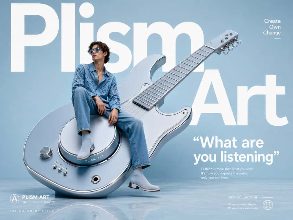 Avant-garde fashion advertisement, oversized guitar positioned like sculpture, a guitarist in jeans casually seated on the a button as if furniture, giant word "Plism Art" behind in bold white typography, powder pastel studio background, reflective floor, luxury eyewear campaign aesthetic, ultra-clean layout, editorial magazine styling, Bold quote " What are you listening"   Tag : Create Own Change