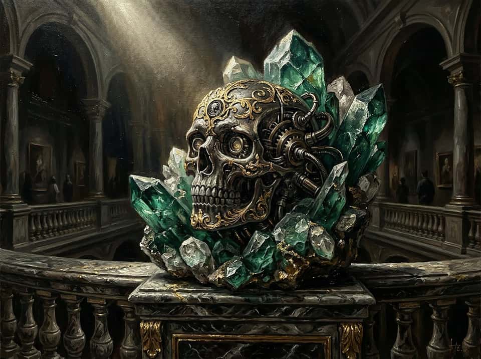 Dramatic chiaroscuro oil-painting texture of a biomechanical skull embedded in crystal on a marble balcony, deep emerald and burnt umber tones with visible brushwork, ornate gold accents catching single dramatic light source, museum gallery depth and tactile surface quality