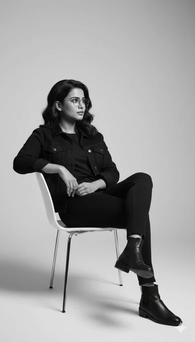 {
  "prompt": "Ultra-realistic black-and-white studio portrait of a young adult man, 100% using the uploaded reference image for face, identity, proportions, and pose accuracy (do not alter facial features or body structure). Pose exactly like the reference image: the man is seated sideways on a simple modern chair, right leg crossed over the left, body relaxed, back slightly leaned into the chair. One arm rests naturally on the chair arm, the other relaxed near the lap. Head turned to the right, eyes looking off-camera with a calm, thoughtful, confident expression. He wears a dark denim jacket layered over a plain dark t-shirt, slim-fit jeans, and black leather ankle boots. Thin metal-frame eyeglasses, neatly styled short hair, light stubble beard. Minimalist studio environment with a plain light grey/white seamless background, strong negative space on the left side of the frame. Soft diffused studio lighting creating gentle shadows, clean tonal separation, editorial fine-art photography style. Sharp focus, realistic fabric texture, DSLR-quality, high-detail black-and-white portrait, vertical 4:5 composition, ultra-realistic 8K look.",
  "size": "1024x1280",
  "n": 1
}